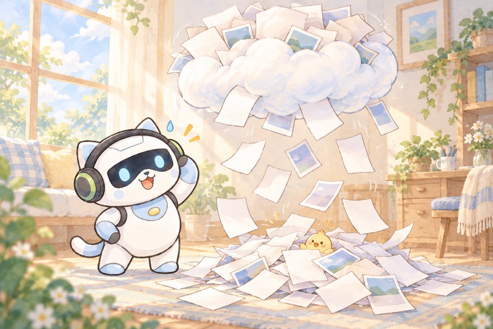 雲からあふれた書類に囲まれて頭をかく猫ロボ