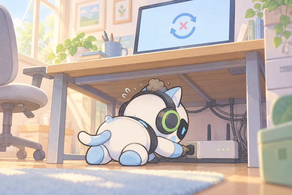 机の下にもぐって同期トラブルを直す猫ロボのナビ助