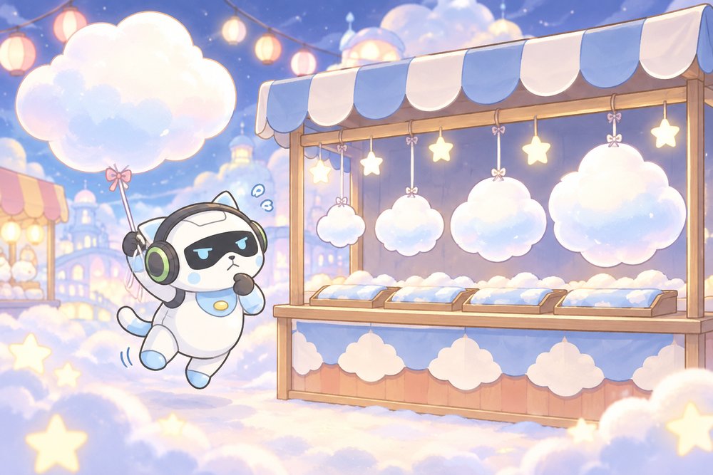 大きさのちがう雲から選ぼうと迷う猫ロボのナビ助
