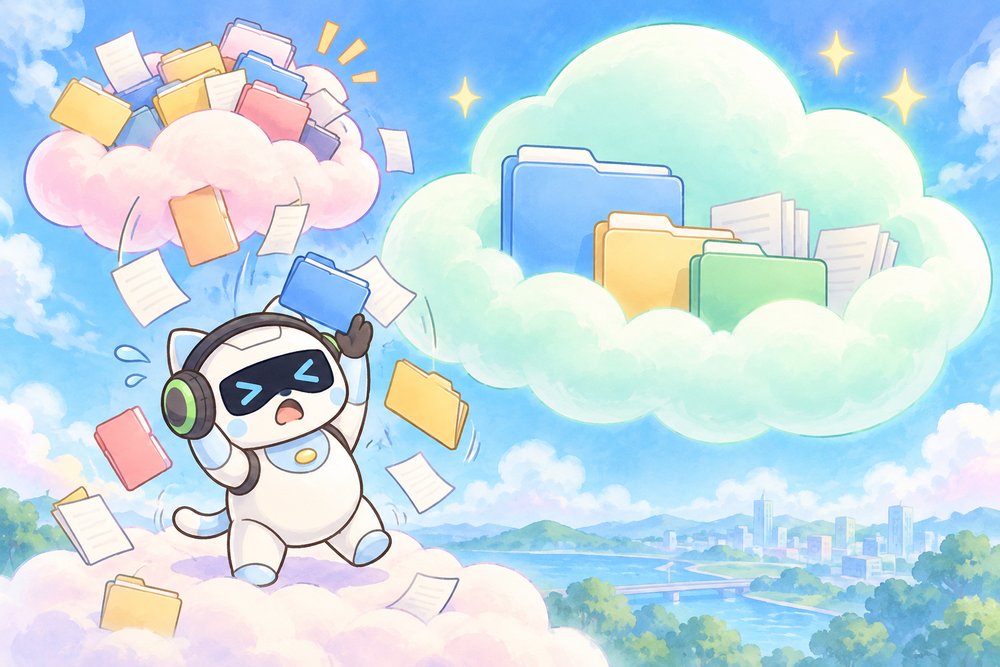 大きさのちがう2つの雲にフォルダを詰めてあふれさせるネコ型ロボットのナビ助