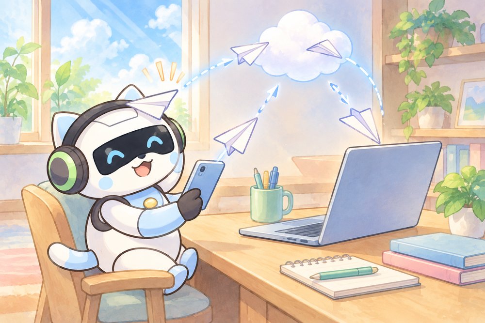 パソコンとスマホのあいだを紙ひこうきが行き来するのを見るネコ型ロボットのナビ助