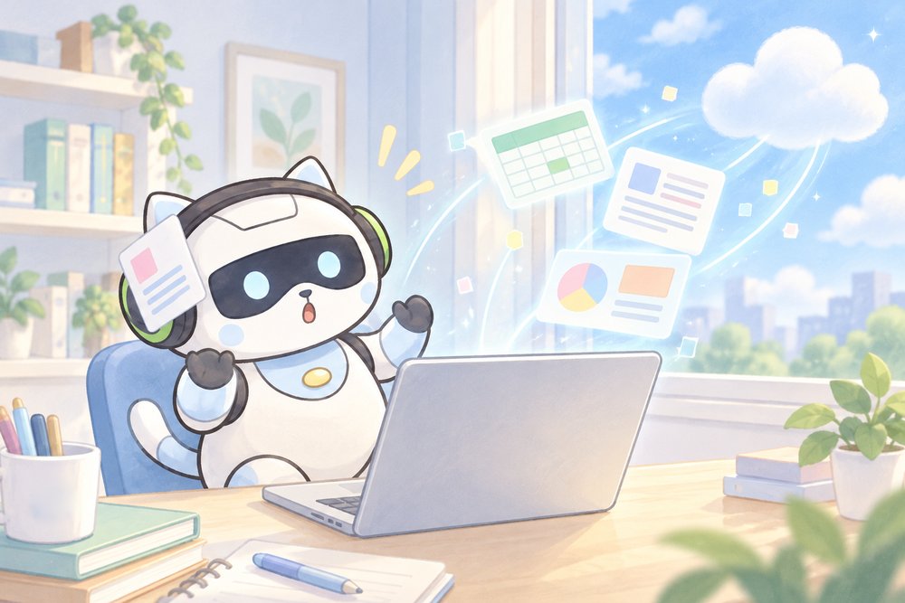 パソコンから文書が雲へ飛んでいくのに驚くナビ助