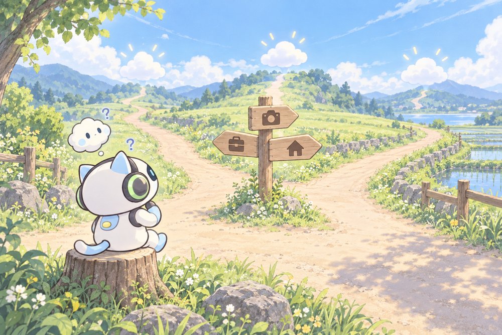 分かれ道でどのクラウドにするか考えるナビ助