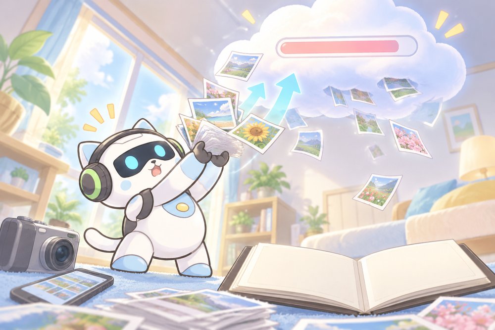 写真の束を雲に投げ上げてバックアップするネコ型ロボットのナビ助