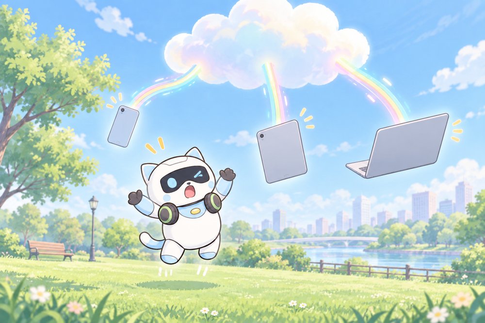 雲でつながった端末を見て驚く猫型ロボットのナビ助